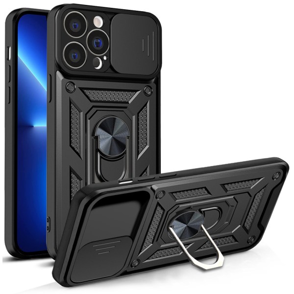 Black Applicable to iphone 13 pro max case with sliding camera cover and stand, built-in 360° rotating ring holder magnetic case for iPhone 12 / 13