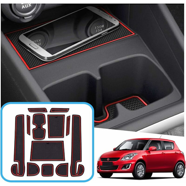 Suzuki Swift/Sport/Hybrid 2017-2021 2022 Halkfri matta, Suzuki Swift gummimatta för mittkonsolens armstöd, mugghållare, dörrfack (röd)