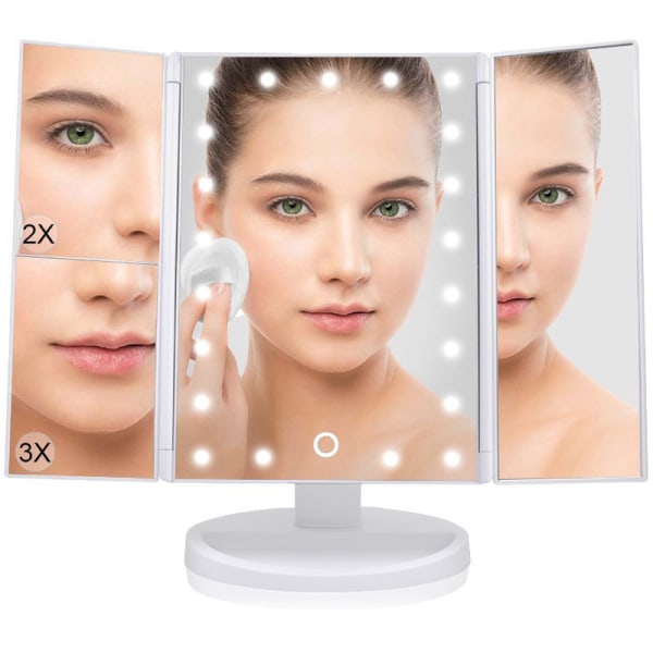Lighted Makeup Mirror med 21 LED-lys, Makeup Mirror med 3X/2X/1X forstørrelse og berøringsskjerm, Kosmetisk Tri-Fold bordplate forstørrende øyesminke