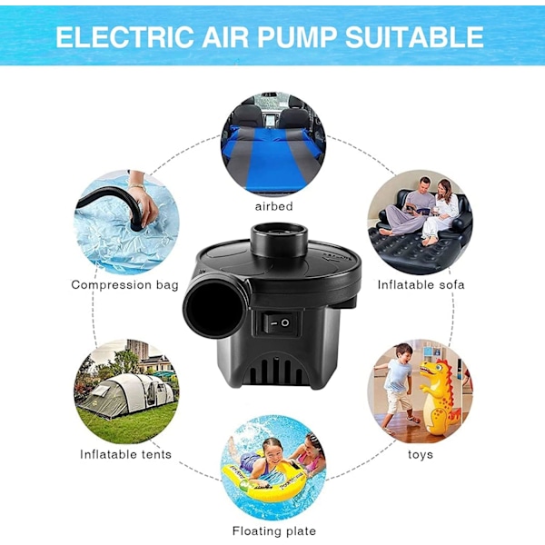 Elektrisk luftpumpe 2 i 1 oppblåsbar  deflator for svømmering, luftmadrass, padlebassengleker, luftpumpe med 3 dyser, AC110-240V/ DC12V/50W