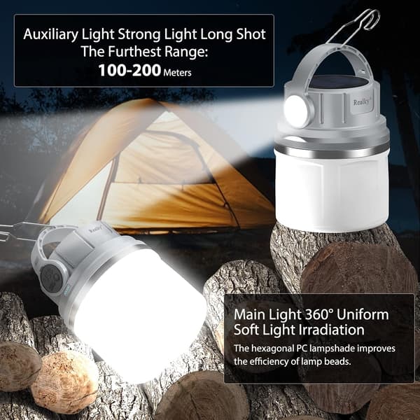 LED solcelle campinglys, superlys 350 lumen oppladbar campinglys, 4 lysmoduser, dimbar søkelys med krok