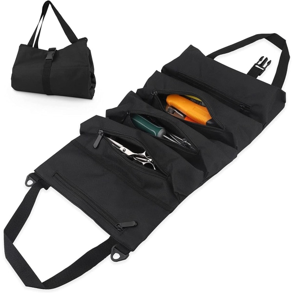Pyörivä työkalulaukku (musta), työkalulaukku, jossa 5 vetoketjullista taskua