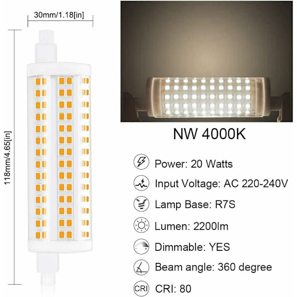 20W 118mm R7s Dimbar LED-pære J118 dagslys 4000K 2200lm Dobbeltsidig spotlight tilsvarende 200W halogenpære for hjem, stue, balkong, Ho