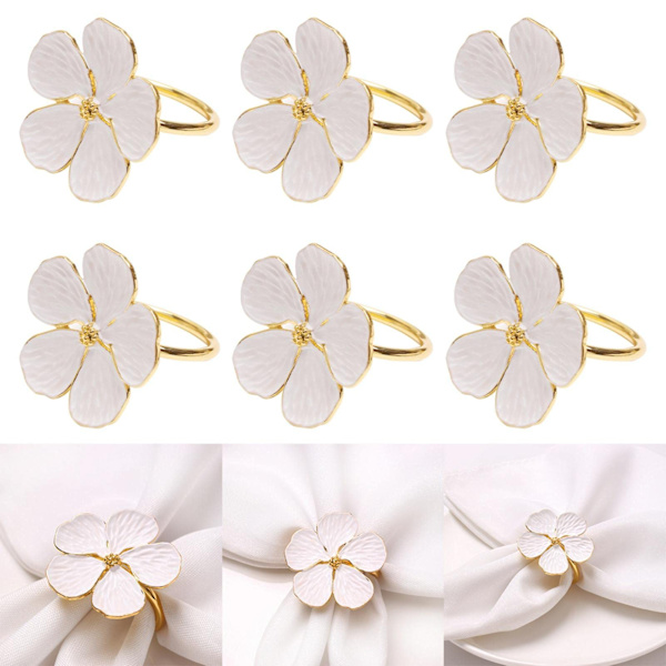 Blomsterserviettringer, sett med 6, elegante serviettringer, spisedekorholder, spenner for bryllup, jul, Thanksgiving, ferie, fest
