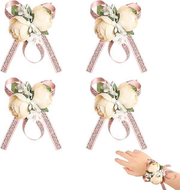 4 stk. bryllupshåndledsblomster, håndledsblomster til bryllup, kunstige blomster til håndled, corsage til bryllup, sororitetsbegivenhed, fødselsdag