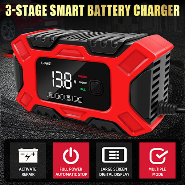 E-FAST 12 V/6 AT BATTERILADDARE HELAUTOMATISK BATTERIHÅLLARE BÄRBAR UNDERHÅLLSLADDARE MED 3-STEGS BATTERILADDARE FÖR BILBATTERI