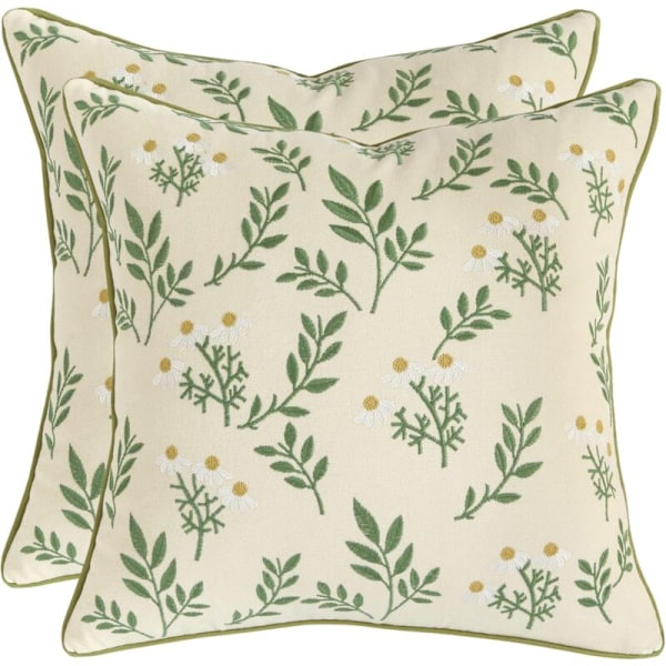 Sett med 2 broderte putetrekk 45x45 putevar i bomull med blomstermargeritter dekor for sofa, soverom, bilsete
