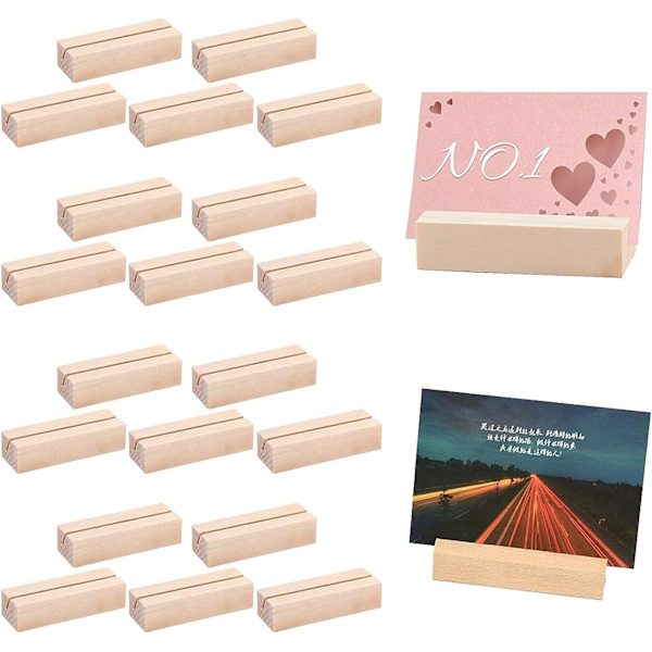 20-pack rektangulära träkortshållare för bröllopsfest bordsnummerhållare bordskortshållare fotohållare foton prislappar (7 x 2,3 x 1,7 cm)