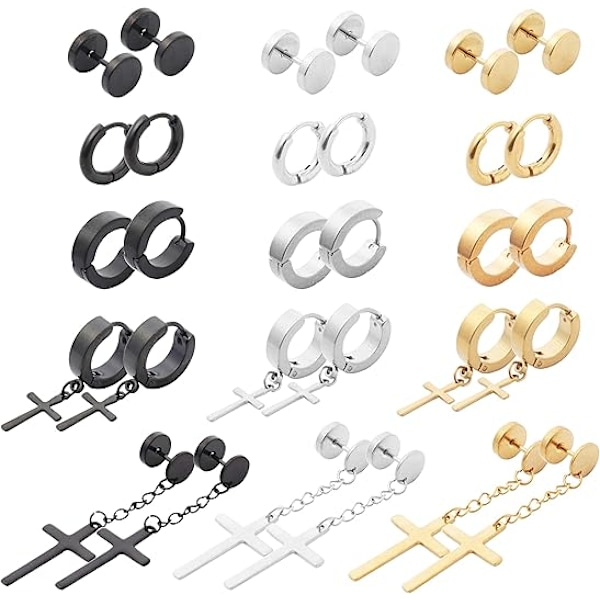 15 par rustfri stål kors øreringe - Hypoallergenisk punk hoop & dangle sæt til mænd/kvinder - Unisex hængsel design