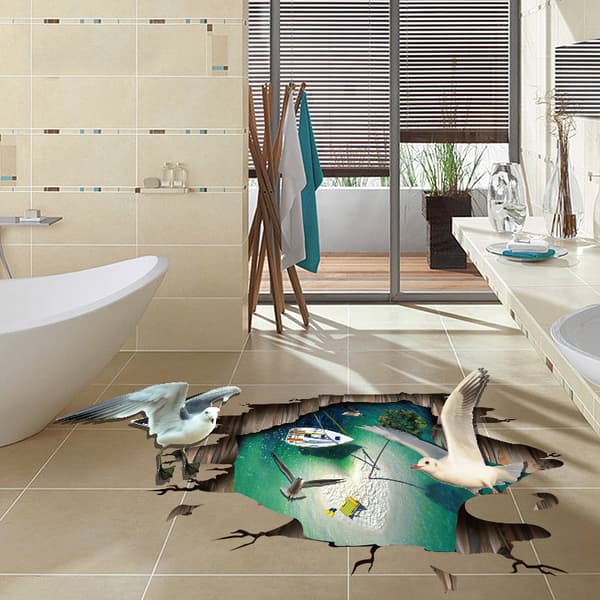 Seinätarra Sisustus 3D Realistinen WC Lattia Vedenpitävä Valtameri Ranta Lokki 90*60cm