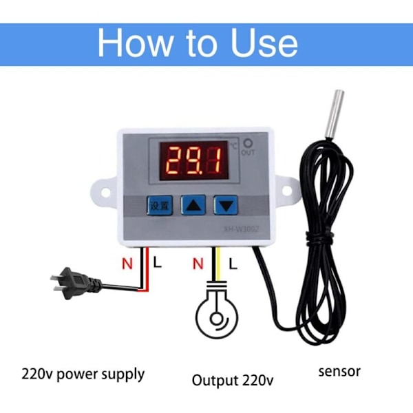 XH-W3002 LED digital temperaturkontrollmodul, digital termostatbrytare med vattentät sond, programmerbar kyltermostat (110V-220V 1500W