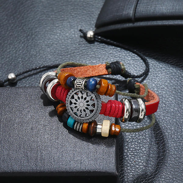 (Rouge) Personnalisé Réglable Bracelet En Cuir De Vachette Design Vintage Cadeau De Noël Vacances Anniversaire Bracelet En Cuir Perlé Él
