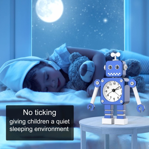 Sininen herätyskello lapsille, pojille, robottiherätyskello lapsille, analoginen