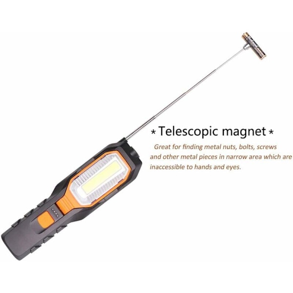 Inspektionslampa, Uppladdningsbar LED-vagnlampa, COB-arbetslampa, LED-ficklampor, med magnetisk bas och hängkrok för bilverkstäder, läger