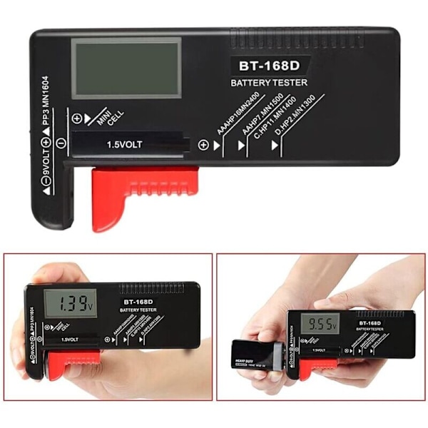 Digital batteritester, universal batteritester, batteritester, til AA, AAA, C, D, PP3, 9V, 1,5V, knapcellebatterier - Virker uden batteri