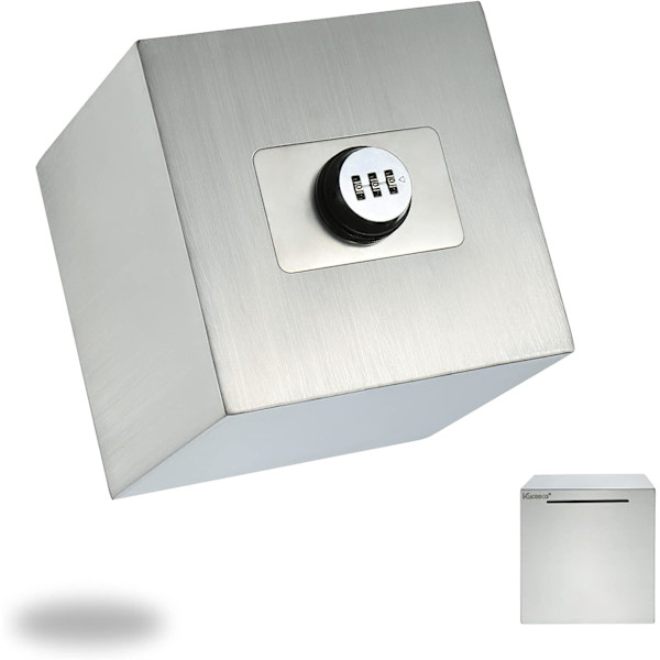 Lösenord Återanvändbar Rostfritt Stål Metall Spargris med Kombinationslås för att Spara Pengar (Silver, 15cm)