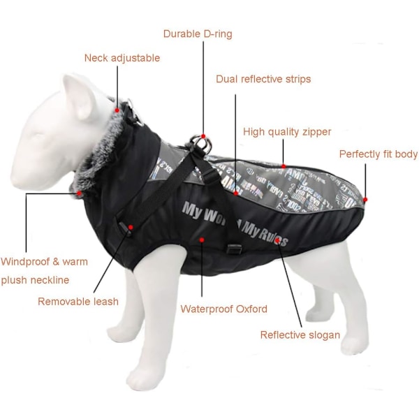 Hundevinterjakke Vandtæt Jakke Varmt Reflekterende Blød Plys Hvalpevest Justerbar Tøj til Kæledyr Små Mellemstore Store Hunde (XL, Sølv)