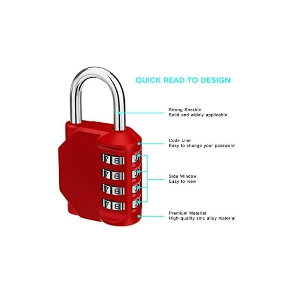 Cadenas Code Code, 4-numeroinen riippulukko urheiluvaatehuoneeseen, Patcher kuntosalille, korkeakoululle, koulukaapille, pakopeliin, punainen
