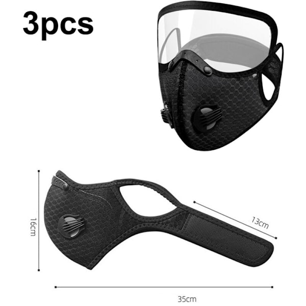 3-rums sportmask med utandningsventiler, justerbar dammskyddsmask för personligt skydd