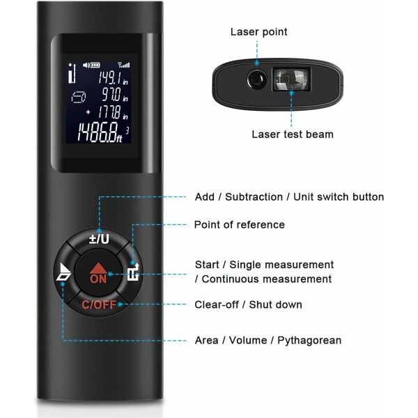 40m Laser Range Finder, IPSXP Portable Digital Laser Distance Calculation Measure Area Volume/Pythagoras Function/IP54/LCD Backlight/Rechargeable