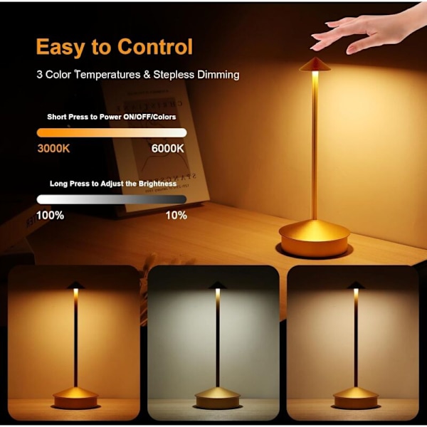(Guld) Bärbar uppladdningsbar bordslampa, batteridriven, 3-tonsbelysning, anpassad för sovrum, restaurang, bar