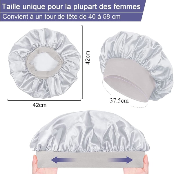 Satin nattlue, soveluer, bredt bånd elastisk nattlue natt hårlue for kvinner jenter langt hårbeskyttelse (svart+sølv)