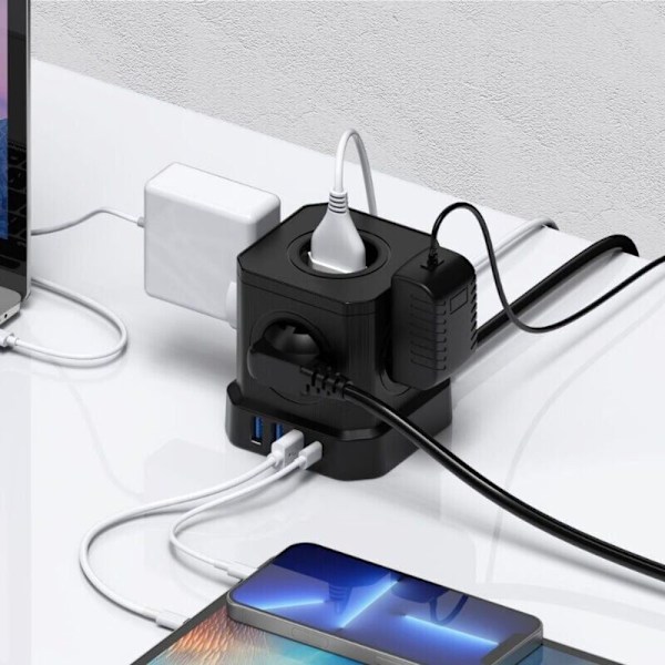 9-i-1 Cube Stikdåse med USB, 5 Stikkontakter med 4 USB-porte, Stikdåse med Afbryder, Overspændingsbeskyttelse med Afbryder og 2M Kabel, 4000W Stikdåseforlænger