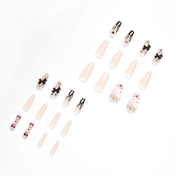 Långa kistformade press-on naglar för alla hjärtans dag 3D rosa kanin svart rosa daisy anka strass långa balett trapetsformade falska naglar 24 stycken (svart flamma Bo