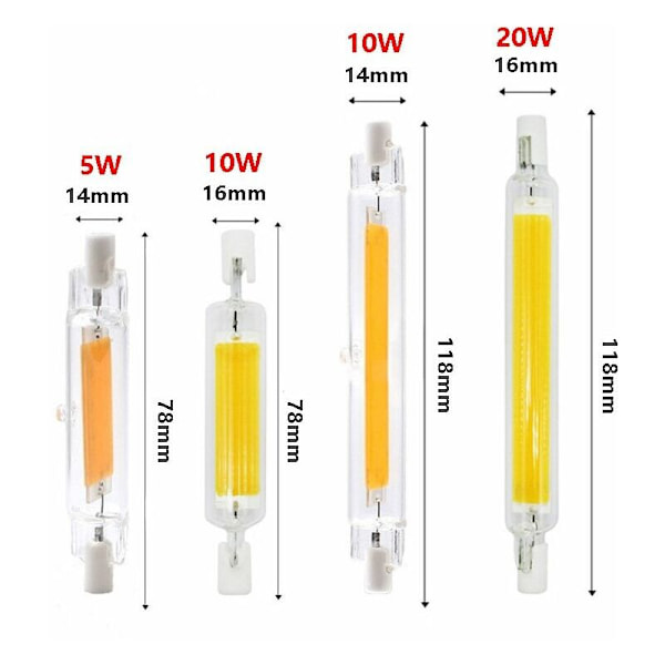 2 stk. 78mm 5W 220V R7S LED lampe Høj Lysstyrke Model COB Glas med dobbelt endelampe erstatter halogenlamper, lavt forbrug af naturligt lys