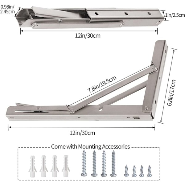 12\" hyllkonsoler, maximal belastning: 150 kg, hopfällbart hyllstöd i rostfritt stål för arbetsbord, platsbesparande DIY, 2-pack
