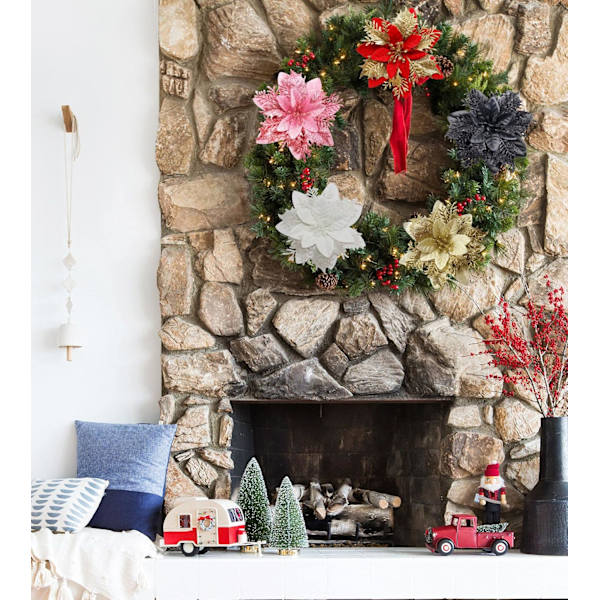 10 stk. Kunstige Juleblomster i Poinsettia med Klips og Glitrende Stilke Julepynt i Poinsettia til Juletræer Vinter Pa