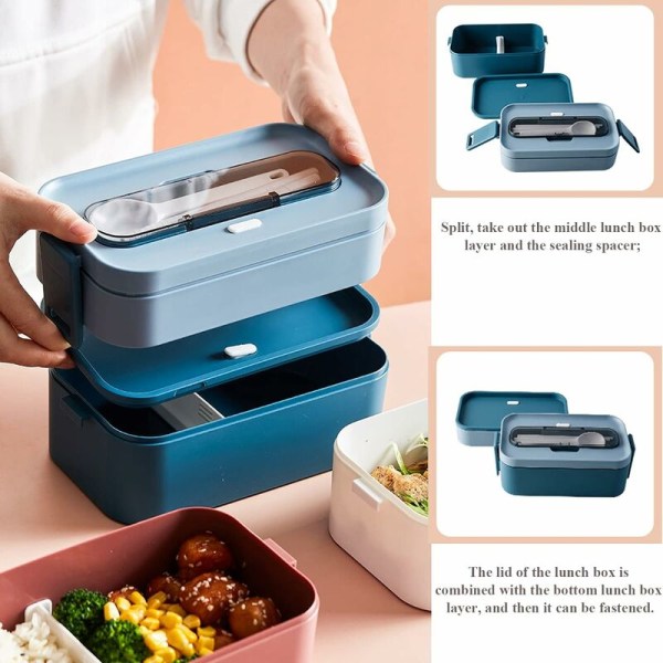 Isolerad Lunchbox, Bento Lunchbox-1600ML, Lunchbox med bestick, Läcksäker Bento Box med 2 fack Plastmatlåda för vuxna barn, av