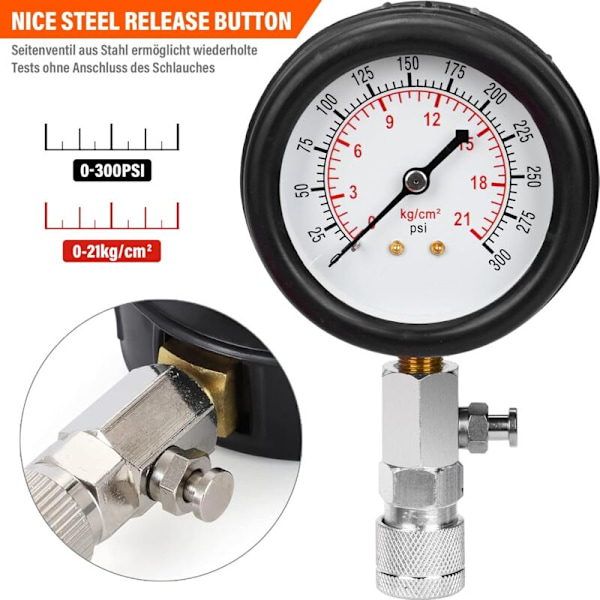 Sylinderkompresjonstester, kompresjonsmåler for bensinmotorer, 0-21 bar & 0-300 PSI med tennpluggtester og 4 M112 M14 M18 M18 adaptere