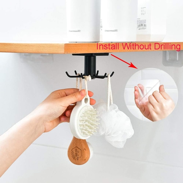 Black - Rotating hooks for kitchen wall organization, adhesive hooks for spatulas, spoons and kitchen utensils, strong and 360° rotatable sticker ho