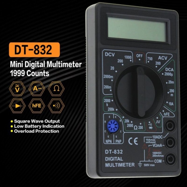 DT-832 Digital Multimeter 1999 Räkningar AC/DC Ampere Volt Ohm Tester Voltmeter Ammeter Multimeter Gul