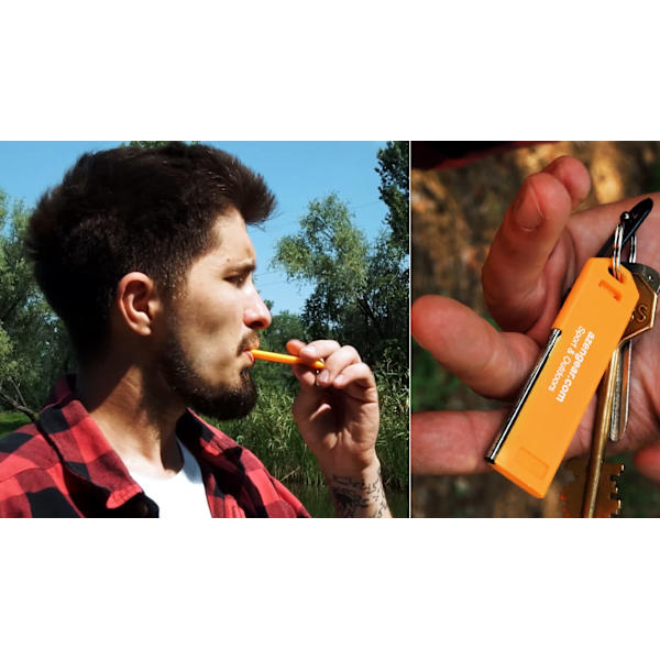 Visselpipa med flinta start spak och nyckelring - Hög, utan hål, lätt, tunn, vattentät - För nödsituationer, vandring, räddning, EDC (ljus orange)