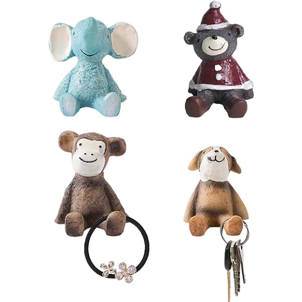 4 Dekorativa väggkrokar med djurmotiv, kreativa krokar för djur, väggmonterade krokar, nyckelhållare, självhäftande väggkrokar för hundar, björnar, elefanter,