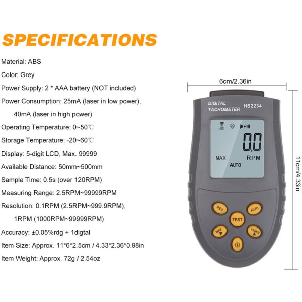 HS2234 Omdrejningstæller, 2,5-99999 omdr./sek., berøringsfri digitalt display speedometer (grå)
