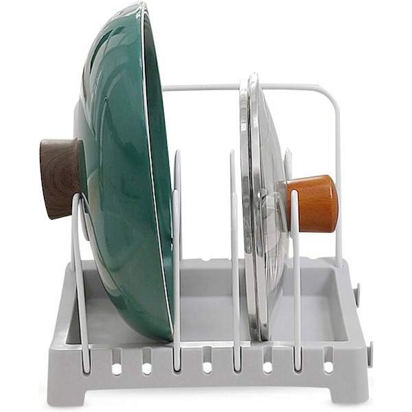 Grydeorganizer, lågholder, grydelågsarrangør, Fremstillet af PP + ståltråd, holdbar, U-formet støtte, justerbar, til grydelåg, gryde (1 stk., grå)