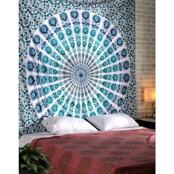Påfågel väggbonad blå bomull turkos 90x84 tum mandala gobeläng
