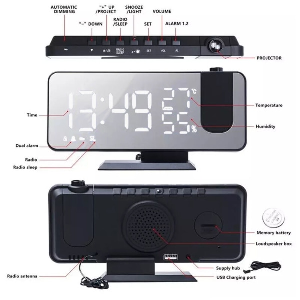 Projektionsväckarklocka, digital väckarklocka med projektion, klockradio med USB-anslutning, stor LED-skärm, dubbel alarm snooze, projektion ljus