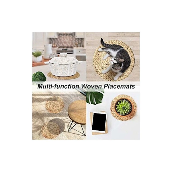 Naturliga vävda vattenhyacint-placemats, runda vävda placemats, vävda halmplacemats, set om 6 (30 cm)