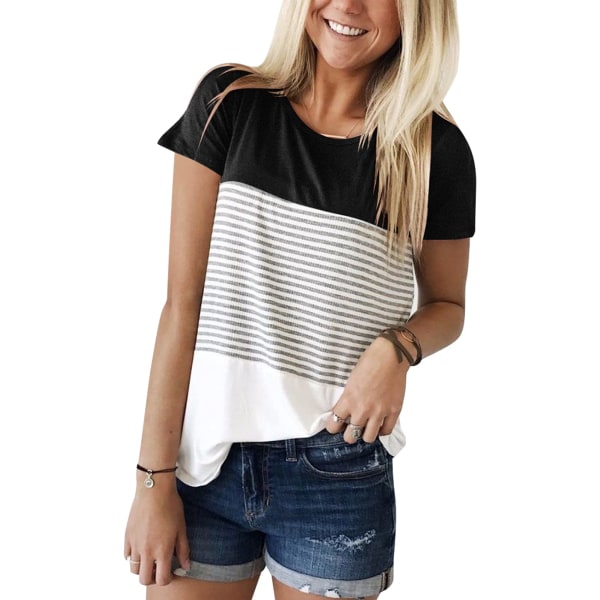 Rund Hals Triple Color Block Stripe T-skjorte（L,Svart）