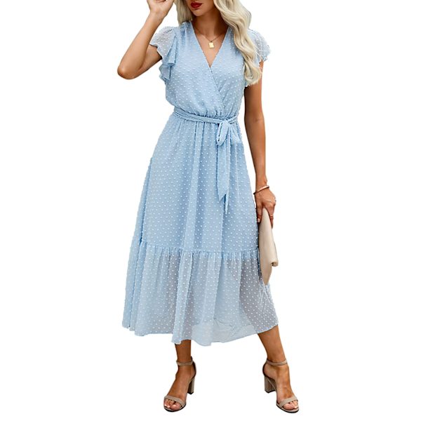 Sommarklänning för kvinnor, Boho, blommig, casual, wrap, maxiklänning, V-ringning, volang, ärmlös, bälte, A-linje, plisserad fåll, solklänning