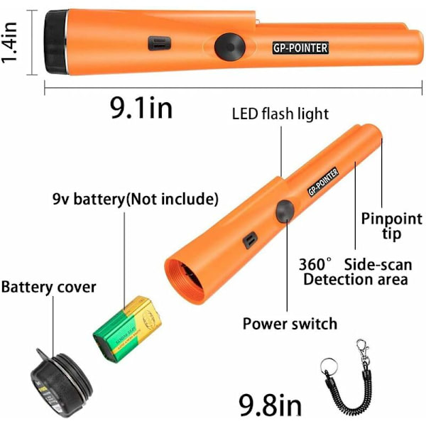 Håndholdt metaldetektor, IP66 vandtæt pinpointer metaldetektor 360° detektion til børn voksne høj følsomhed med indbygget LED-indikator f