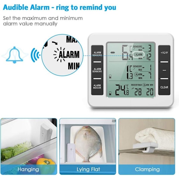 Køleskabstermometer, Køleskabstermometer med Fryseralarm, Trådløst Indendørs Udendørs Termometer med 2 Sensorer, MIN/MAX og Temperaturalarm, Co
