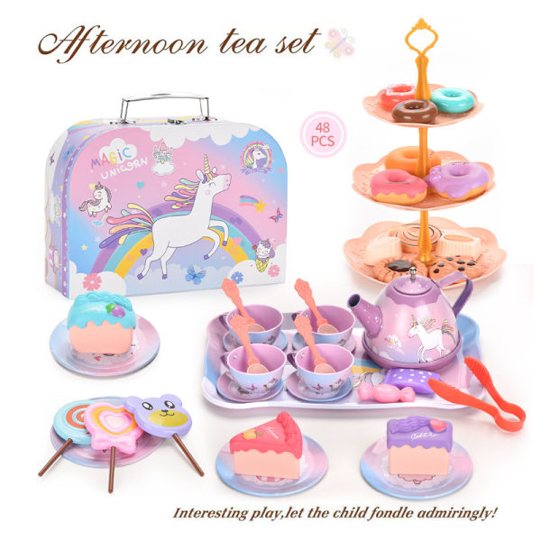 Teselskab til piger, te-sæt til børn i blik inkluderer tekande, kopper, bestik, dessert og is, prinsesse-foregive-legetøj, gave til 3 4 5 6 år gammel