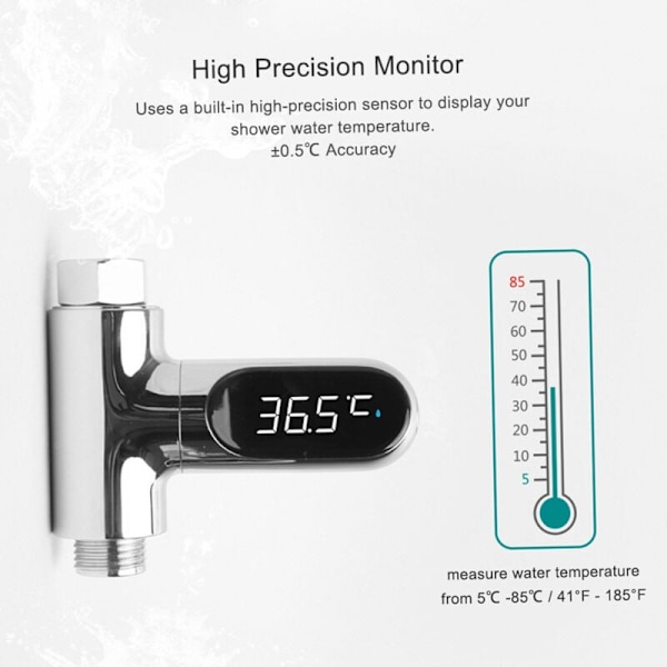 Digitalt brusebadstermometer ℃/℉ Badeværelsestemperaturovervågning 585 ℃ 360° Roterende LED-display til babyer og ældre
