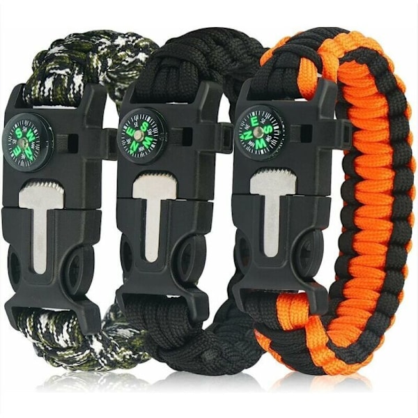 Set med 3 armband i utomhusöverlevnads-paracord för camping, vandring, multifunktionsverktyg, eldstarter, kompass och visselpipa