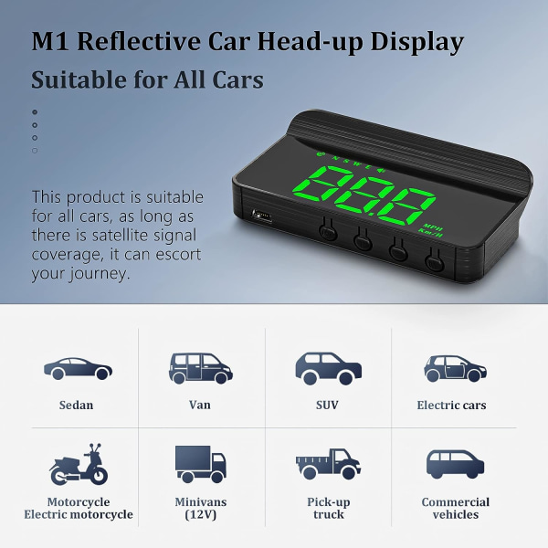 Head-up-display for biler, HUD, kan monteres på frontruten, Head-up-display for bil frontrute, GPS speedometer, Viser hastighet, egnet for
